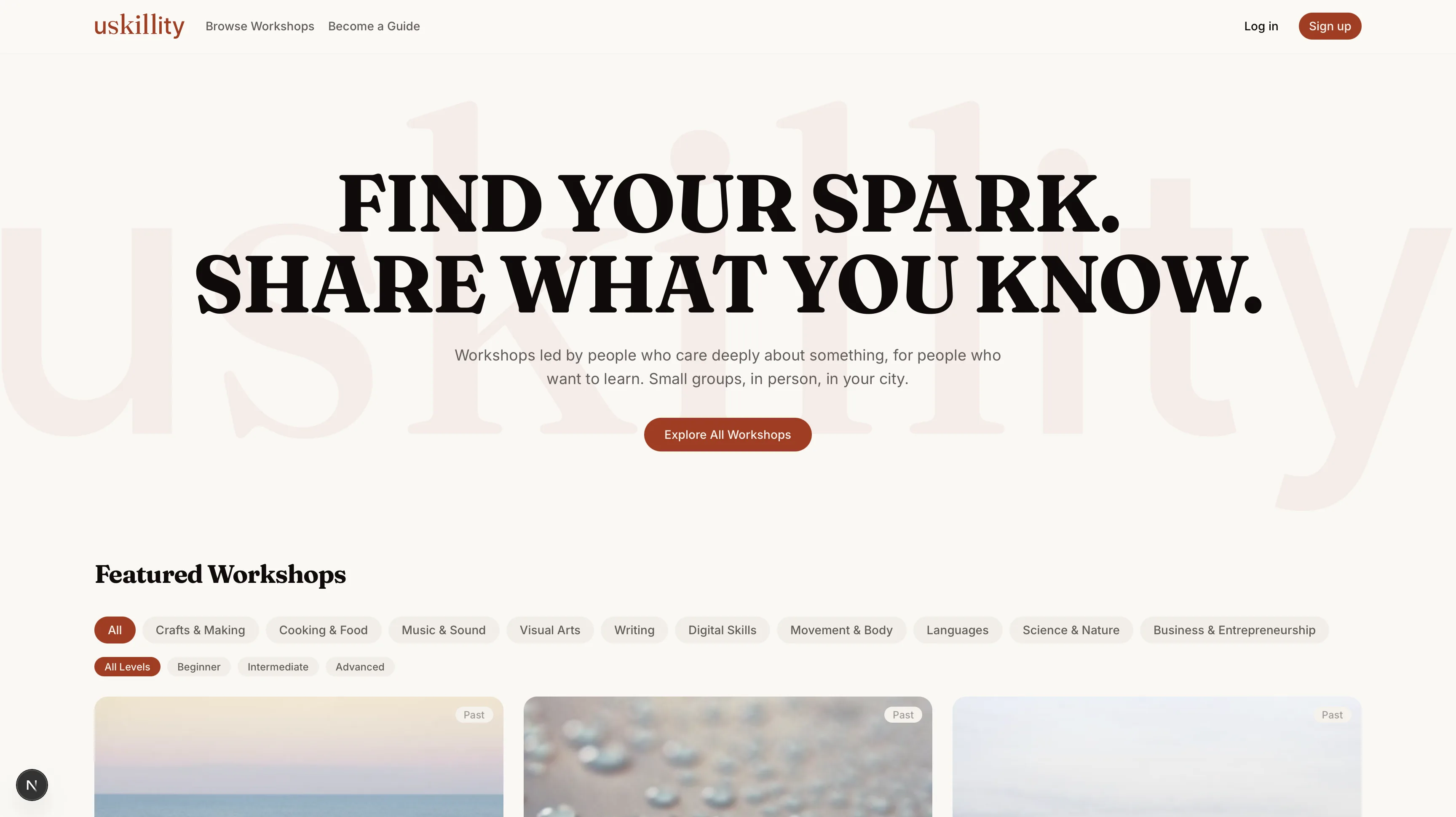 U/skillity platform – landing page showing workshop categories